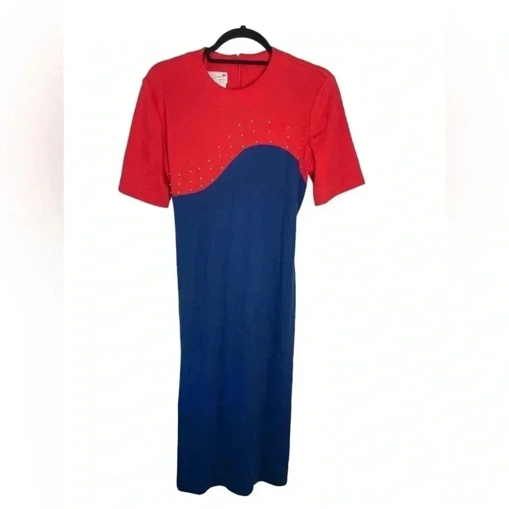 Vintage Serbin red and blue dress with gold beads‎ size 10